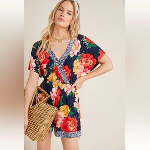 FARM Rio Navy Floral Wrap Romper with Red, Pink & Yellow Blooms